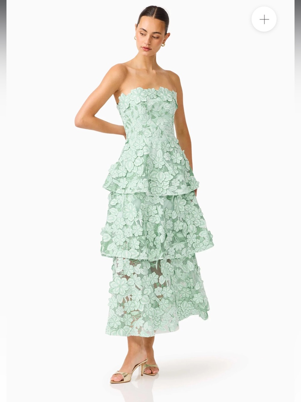 elliatt roseate green 3d floral lace applique strapless tiered maxi dress large - Picture 4 of 14